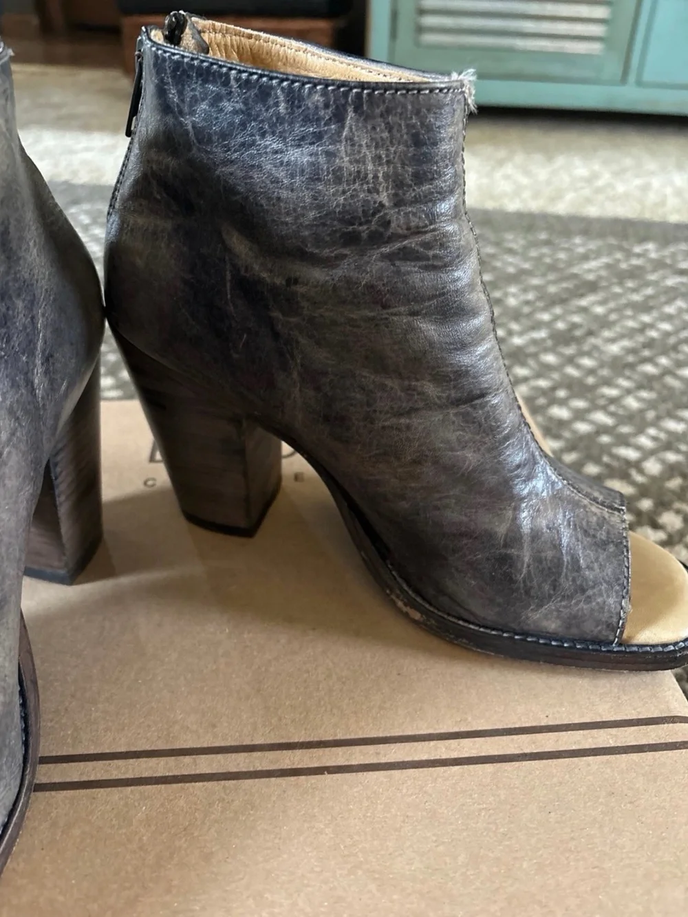 Bed Stu Driftwood Open-Toe Block Heel Booties 8.5